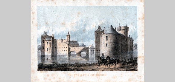 Kleurenlitho van het kasteel te Culemborg, vervaardigd door W.J. Hofdijk en C.W. Mieling tussen 1850 en 1860