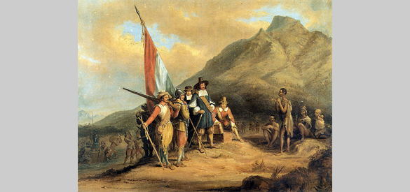 Jan van Riebeeck zet in 1652 voet aan wal op Kaap de Goede Hoop. Charles Bell, 1813-1882