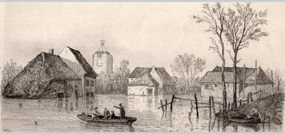 De watersnood te Beesd in 1855. Gravure door W. Gruyter, 1855-1860. 