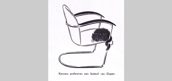 Reclametekening voor Gispen ‘Kenners preferen een fauteuil van Gispen’. P.J. Hermans, 1955.