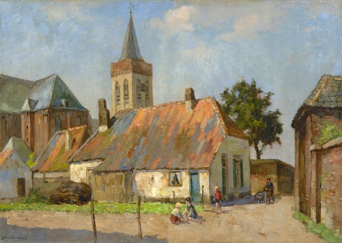 Schilderij, gezicht op Ede met Oude Kerk en dorpsboerderij, Lodewijk (Louis)  Soonius, ca. 1950. Collectie Historisch Museum Ede