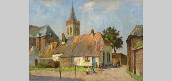 Schilderij, gezicht op Ede met Oude Kerk en dorpsboerderij, Lodewijk (Louis)  Soonius, ca. 1950. Collectie Historisch Museum Ede