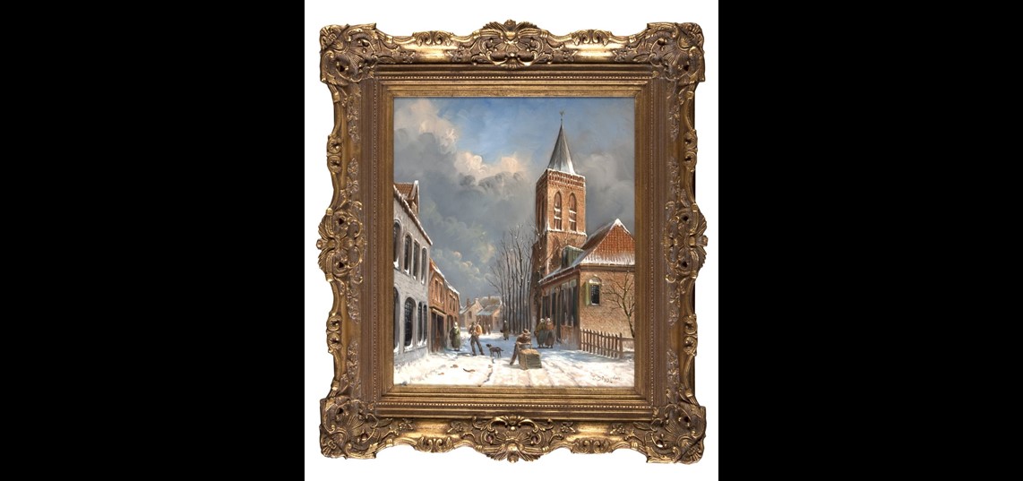 Schilderij, Grootestraat Ede in de winter, gezien vanuit het zuiden met gezicht op de toren-kerk, J. van Diggelen, ca. 1920. Collectie Historisch Museum Ede