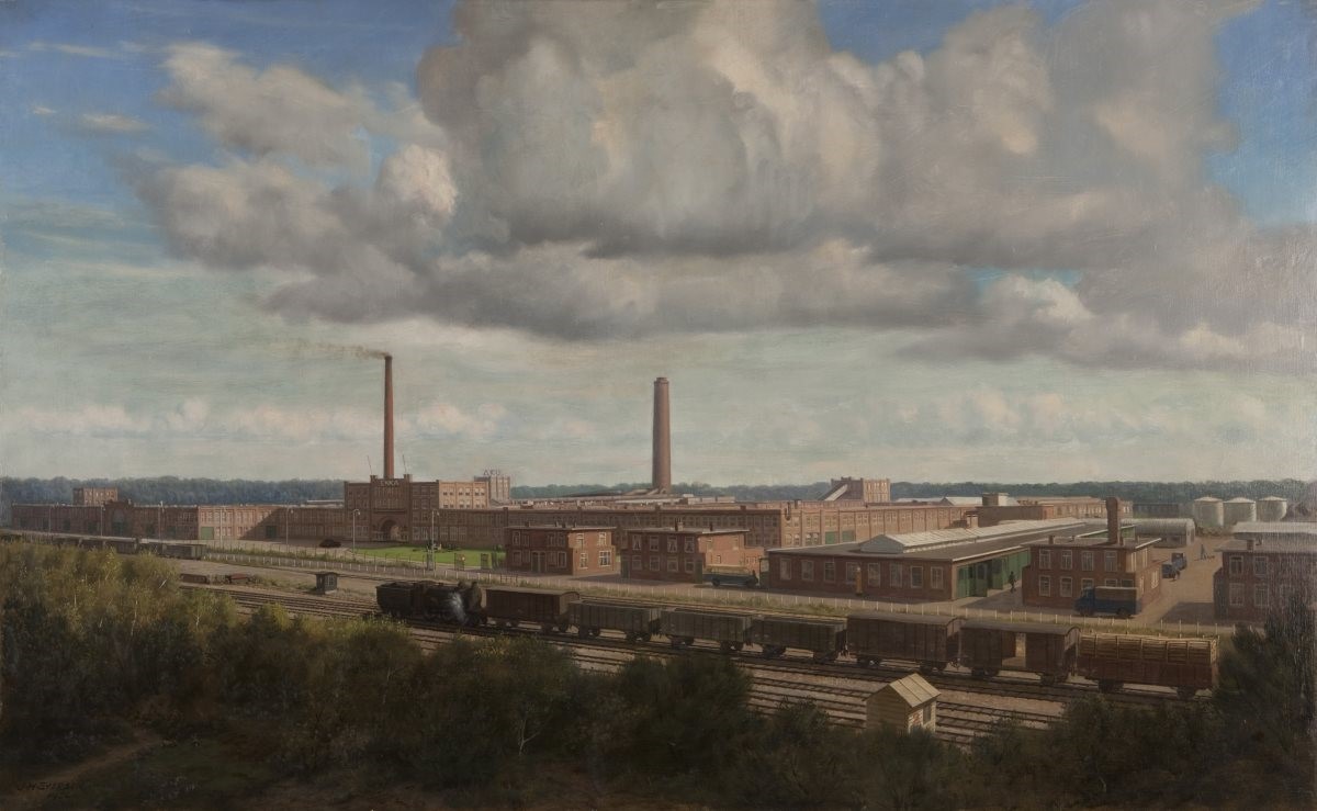 Schilderij, Enka fabriek, Jan Eversen 1950. Collectie Historisch Museum Ede