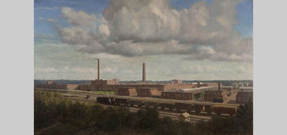 Schilderij, Enka fabriek, Jan Eversen 1950. Collectie Historisch Museum Ede