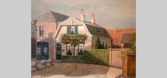 Aquarel, het huis van de familie de Nooij aan de Torenstraat 5 in Ede, P. de Nooij, 1912. Collectie Historisch Museum Ede