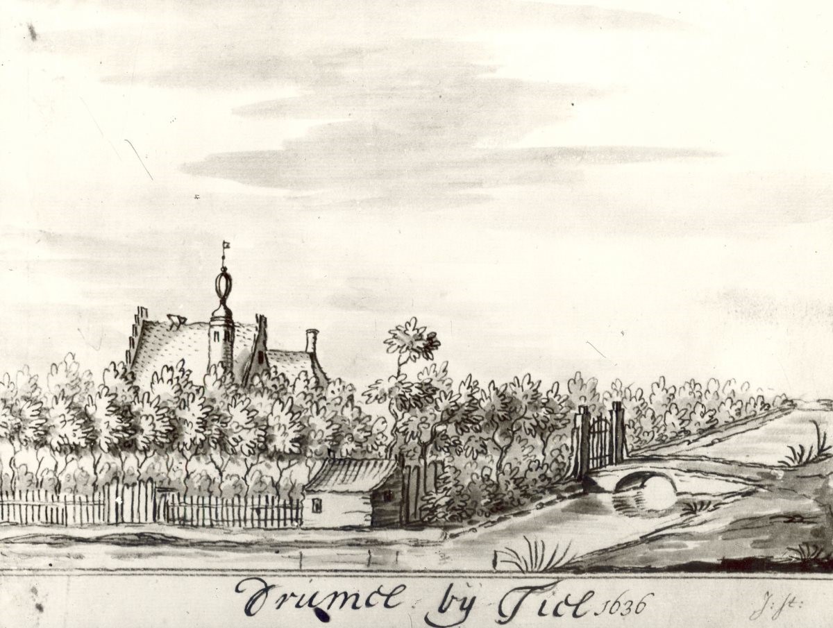 Huis te Dreumel op een tekening door J.Stellingwerf uit 1636. Bron: Stichting Tremele