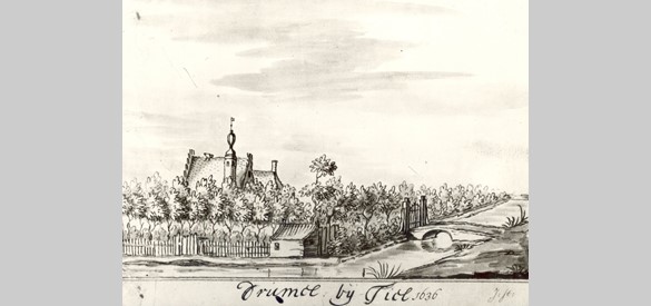 Huis te Dreumel op een tekening door J.Stellingwerf uit 1636. Bron: Stichting Tremele