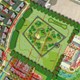 Tekening van de villa over de opzet van het park Grote Aalst. Op deze afbeelding zie je in rood de sporen die zijn opgegraven. In het midden van het park staan de bomen op een verhoogd terrein. Zo kunnen de boomwortels de archeologische resten van het hoofdgebouw niet beschadigen. Er zijn verschillende soorten bomen geplant, zoals ook in de Romeinse tijd de gewoonte was. Het (bijna) rechthoekig pad om het middenterrein heeft de vorm van de omheining van het villaterrein, maar dan kleiner.