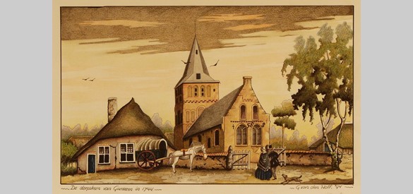 De dorpskern van Garderen in 1744 op een tekening van G. van den Hoff uit 1994. G. van den Hoff.