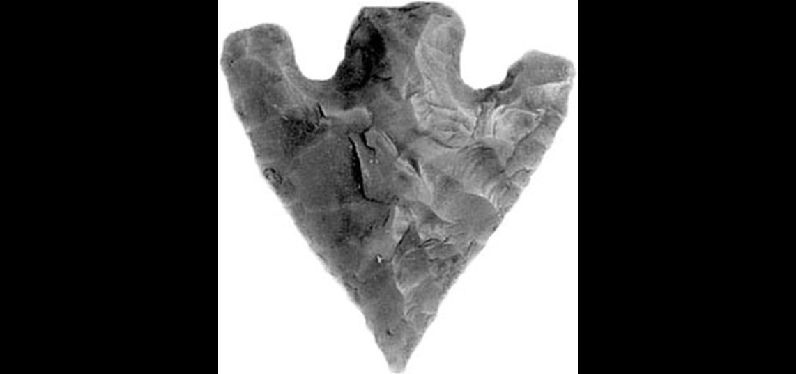 Pijlpunt uit de nieuwe steentijd (datering ca. 2700 v.Chr.) afkomstig van de Ginkelse heide. Een vergelijkbaar exemplaar is bij de Burensedijk gevonden. Bron: Rijksmuseum van Oudheden, Leiden