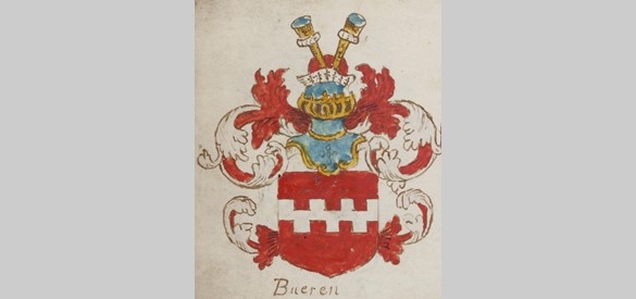 Wapen van Buren, Liedboek H. van der Borch, 1685. Bron: Koninklijke Bibliotheek, Den Haag, fol.127V