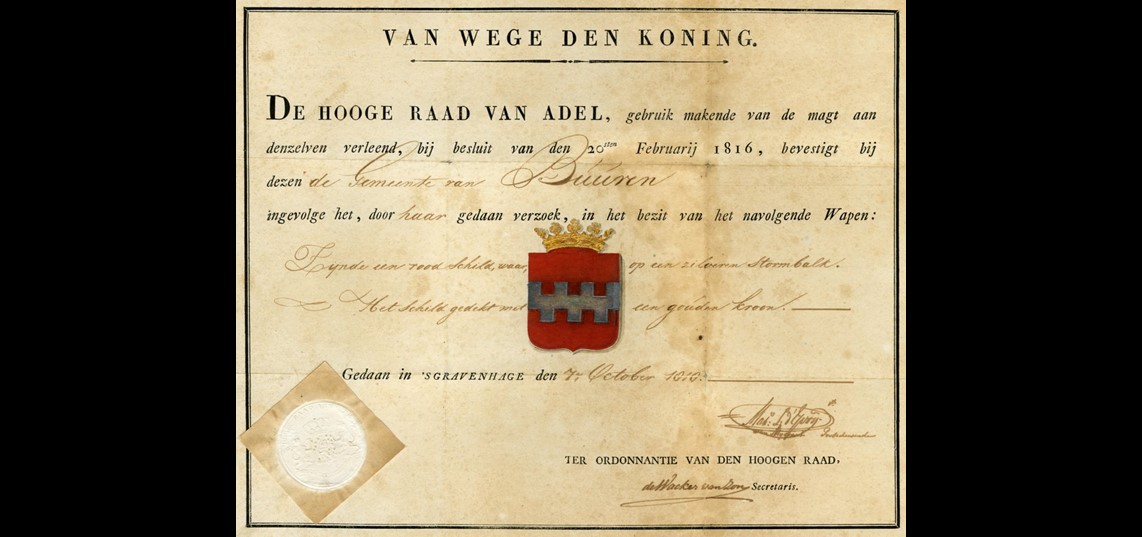 Wapendiploma gemeente Buren, 1816. Collectie Regionaal Archief Rivierenland, Tiel