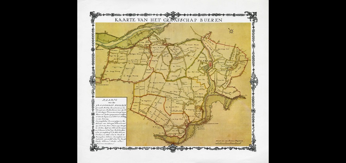 Kaart van het Graafschap Buren met het stroomgebied van de Korne, 1749. Collectie Regionaal Archief Rivierenland, Tiel