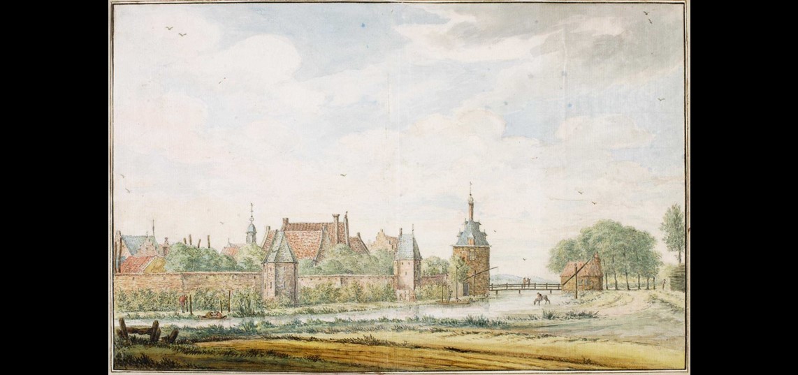 Gezicht op de stadsmuur van Buren met de Vrouwenpoort, Van der Kamp, 1743. Foto RKD - Nederlands instituut voor kunstgeschiedenis, Den Haag
