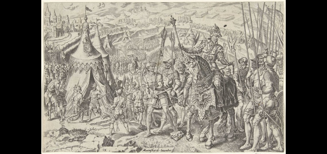 Keizerlijk kamp te Ingolstadt. Keizer Karel V inspecteert zijn troepen te Ingolstadt (1546). Op de achtergrond komt graaf Maximiliaan van Buren samen met zijn leger aan bij de tent van Karel V. Dirck Volckertsz Coornhert, Maarten Heemskerck, 1556. Bron: Rijksmuseum, Amsterdam