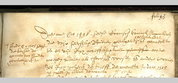 Verheffing tot graafschap: ‘... Daernae anno 1498 heeft Roomsch Coninck Maximiliaen die vrije heerschap Bueeren geëligeert, geïnstituheert ende gemaeckt tot een vrije Rijcx graeffschap...’, 1498. Collectie Regionaal Archief Rivierenland, Tiel