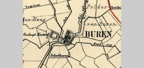 Detail van Buren met Zandweg uit Kuyper Atlas, 1868.  Collectie Regionaal Archief Rivierenland, Tiel