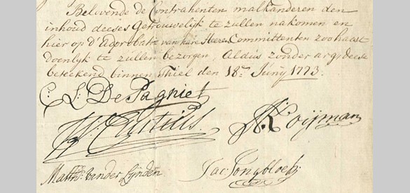 Ondertekening van de overeenkomst voor het verbeteren en onderhouden van de zandweg van Tiel via Buren naar Culemborg, 1773. Collectie Regionaal Archief Rivierenland, Tiel