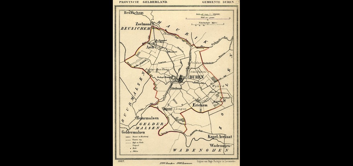 Kuyper Atlas met vlak onder Buren de Zand-weg, 1868. Collectie Regionaal Archief Rivierenland, Tiel