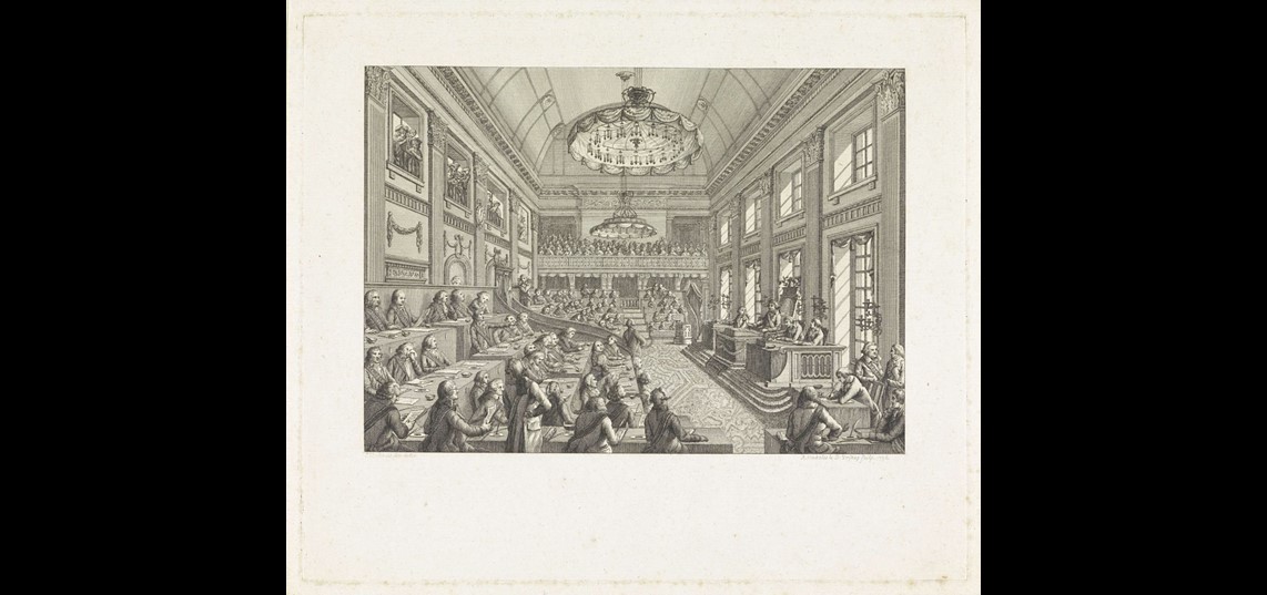 Eerste Nationale Vergadering in Den Haag, 1796, Reinier Vinkeles, Daniël Vrijdag, 1796. Bron: Rijksmuseum, Amsterdam
