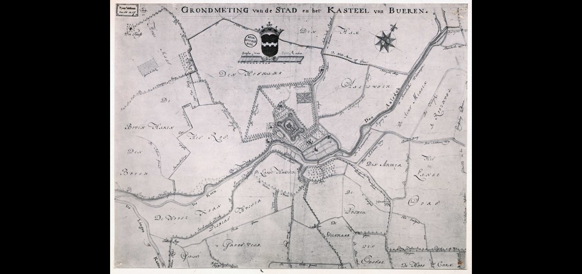 Grondmeting van stad en kasteel Buren, ca. 1800. Collectie Regionaal Archief Rivierenland, Tiel