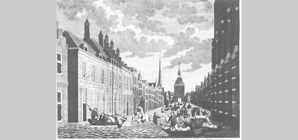 De Culemborgse Markt onder water in 1809, hergebruikt in o.a. 1855. Gravure, door J.G. Visser.