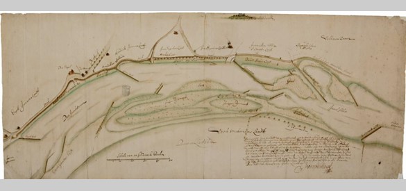 Kaart van de IJssel door Isaac van Geelkercken, 1661. De IJssel moest zich door een wirwar van zand- en grindbanken en dammen wringen.