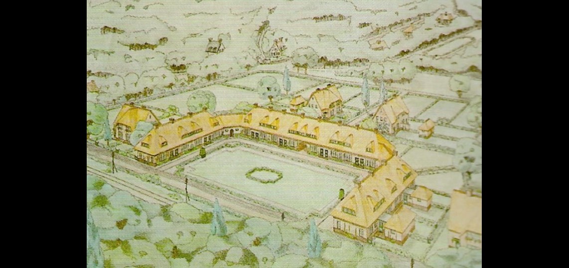 Het plan van de architecten W.P. Meijer en G.J. Uiterwijk voor het 'Strooien Dorp'. Het bevatte 24 woningen en 4 landarbeiderswoningen.