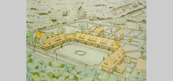 Het plan van de architecten W.P. Meijer en G.J. Uiterwijk voor het 'Strooien Dorp'. Het bevatte 24 woningen en 4 landarbeiderswoningen.