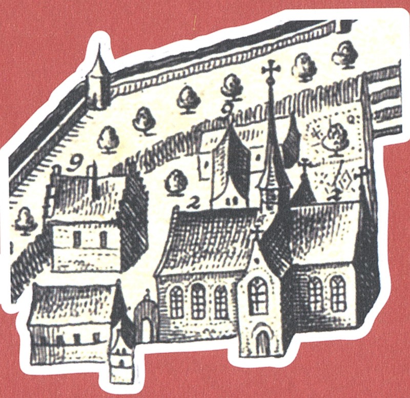 Kerk en klooster van St. Walburg. Detail uit de kaart van Joh. Blaeu, ca 1650