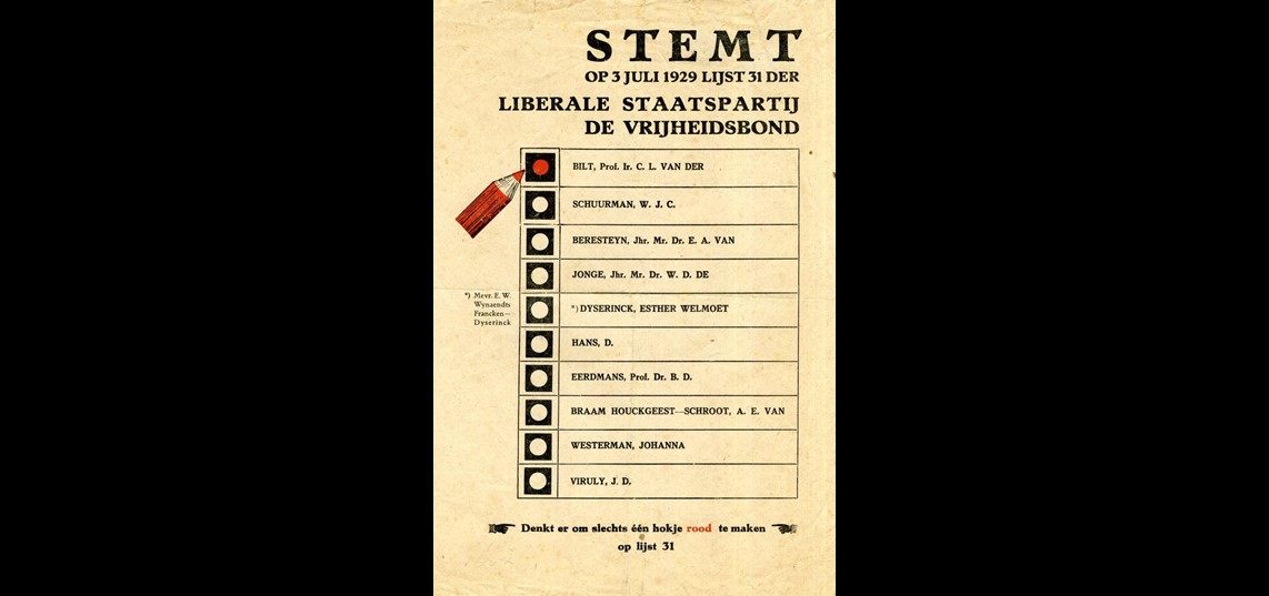 Strooibiljet van de Liberale Staatspartij De Vrijheidsbond voor de Tweede Kamerverkiezingen in 1929 (Bron: Liemers Museum)