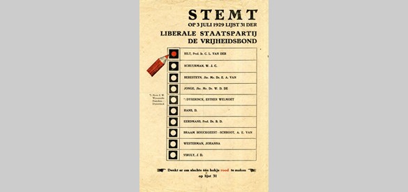 Strooibiljet van de Liberale Staatspartij De Vrijheidsbond voor de Tweede Kamerverkiezingen in 1929 (Bron: Liemers Museum)