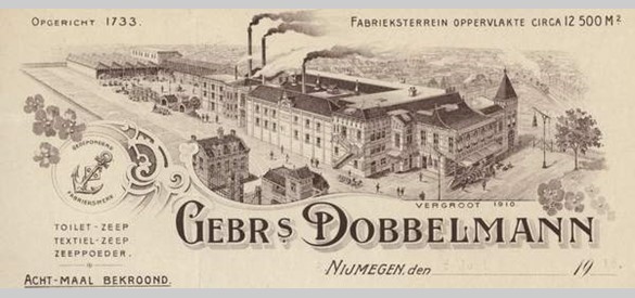 Een tekening van de Dobbelmannfabriek in Nijmegen