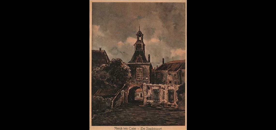 Kleurenafdruk, voorstellende de Waterpoort te Tiel, vervaardigd door Henk ten Cate te Tiel, 1940. Collectie Flipje en Streekmuseum Tiel
