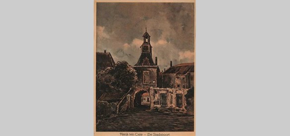 Kleurenafdruk, voorstellende de Waterpoort te Tiel, vervaardigd door Henk ten Cate te Tiel, 1940. Collectie Flipje en Streekmuseum Tiel
