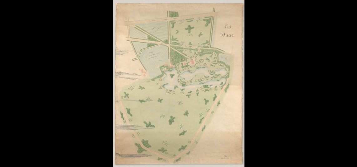 Ontwerptekening voor het Hof te Dieren met clumps in het overpark en in de uiterwaarden door C.E.A. Petzold, 1877 (Bron: Stichting In Arcadie te Amersfoort) 