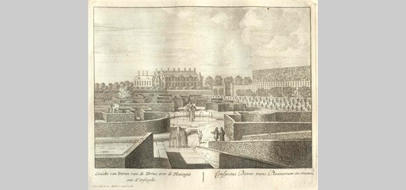 Geometrische tuinaanleg met terrassen, vijvers, fonteinen en labyrinthen op het Hof te Dieren met zicht op Doesburg, eind 17e eeuw. Bron: Huisarchief Twickel
