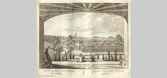 Geometrische tuinaanleg met terrassen, vijvers, fonteinen en labyrinthen op het Hof te Dieren met zicht op Doesburg, eind 17e eeuw. Bron: Huisarchief Twickel
