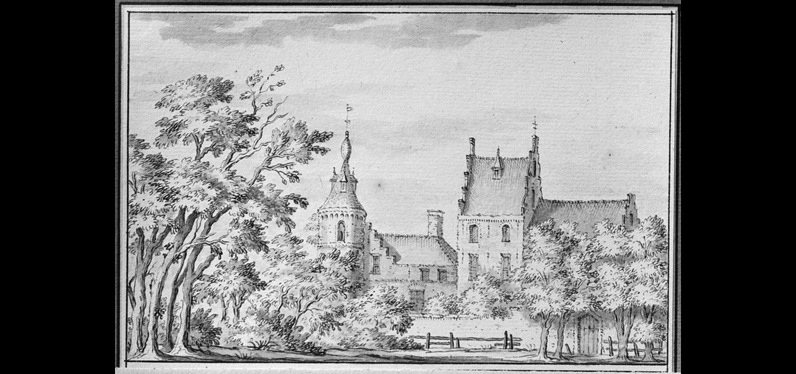 Voorburcht van het kasteel en Spijker te Brakel naar een tekening (1630) van J.S. (Bron: RCE)